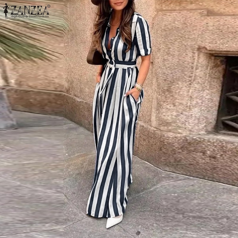 ZANZEA Áo Sơ Mi Nữ Ngắn Tay Họa Tiết Sọc Dọc Kèm Thắt Lưng Thời Trang