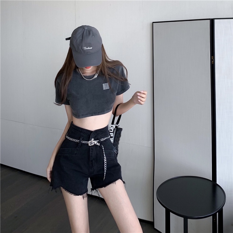 NZN Quần short Jean Nữ Cạp Cao Cài Nút Quần Jean Hình Trụ (Màu Đen)