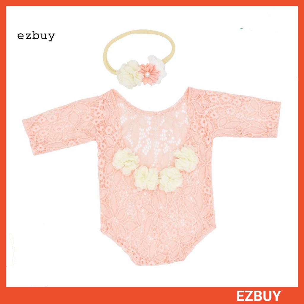 Set Áo Liền Quần + Băng Đô Ren Hoa Hở Lưng + Băng Đô Dành Cho Bé Sơ Sinh