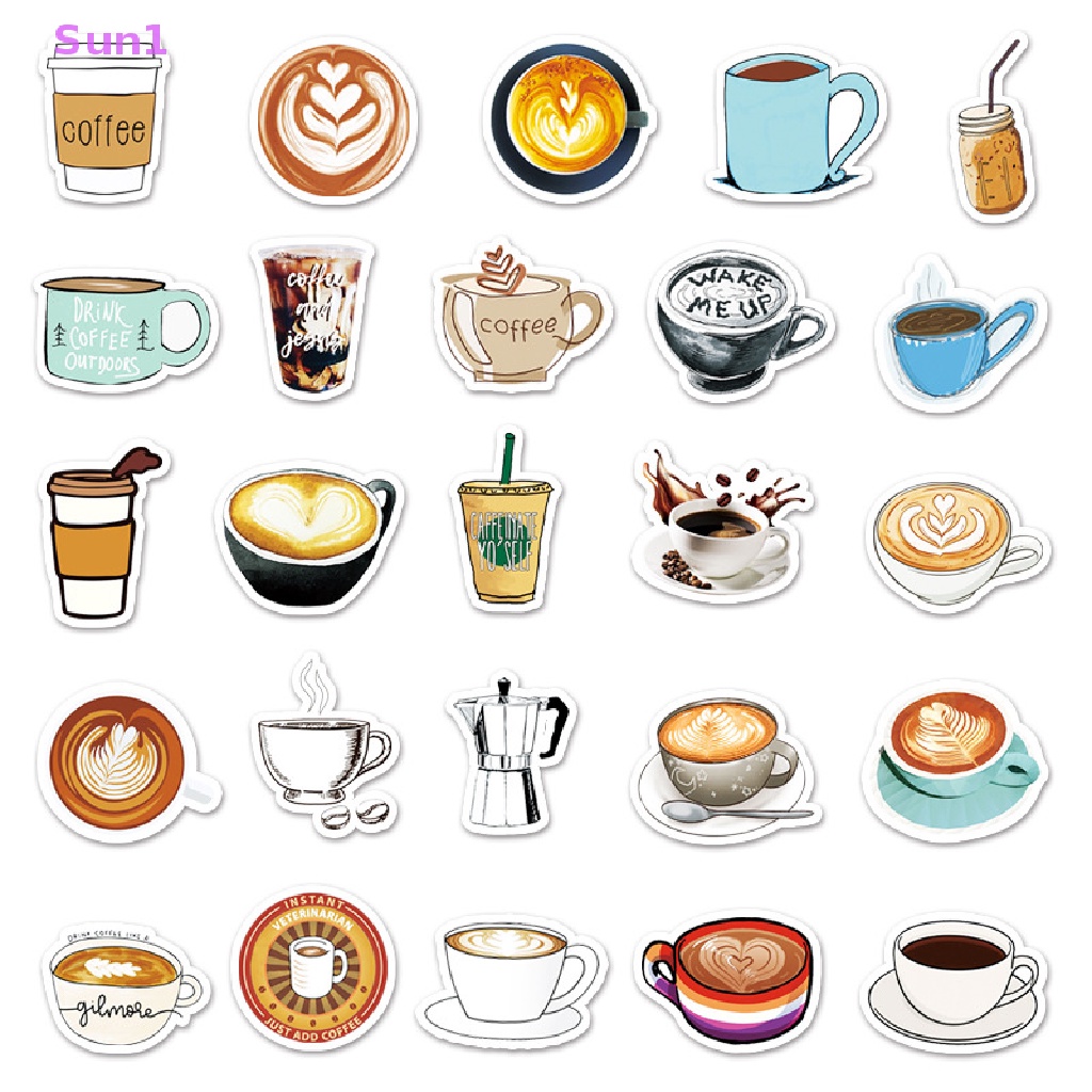 Set 50 Sticker Họa Tiết Cà Phê Hoạt Hình Trang Trí Laptop / Xe Scooter DIY