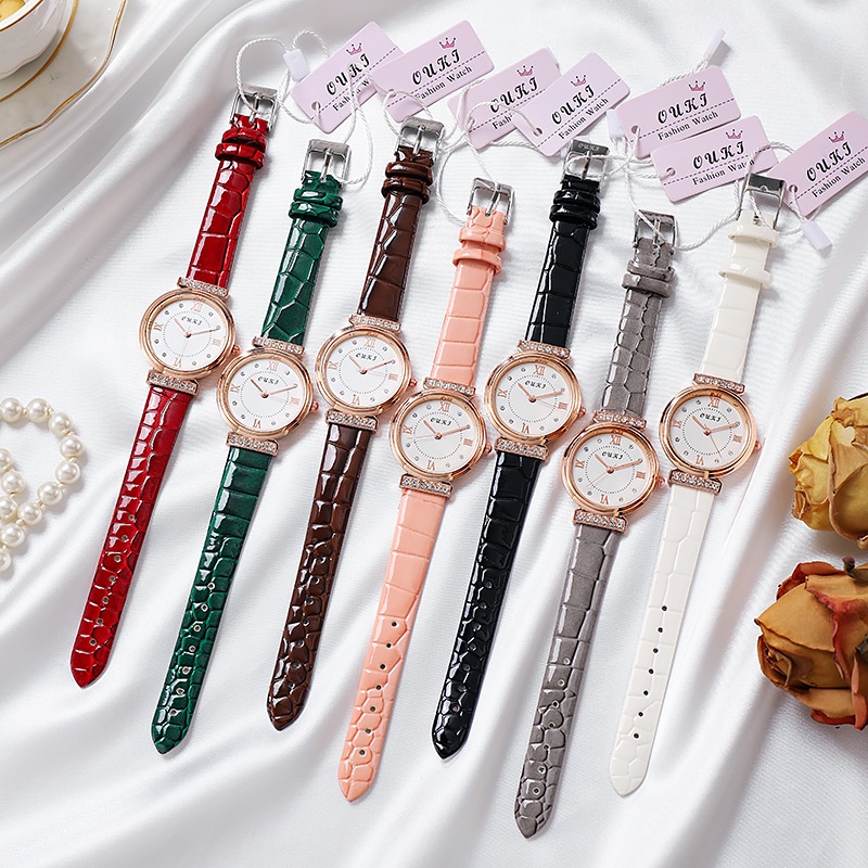 Mới Đồng Hồ Quartz Nữ Mặt Số La Mã Đính Hột Xoàn Dây Da