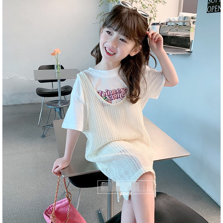 Bộ Áo Thun Tay Ngắn + Chân Váy Dài Thoáng Khí Thời Trang Mùa Hè Phong Cách Hàn Quốc Cho Bé Gái