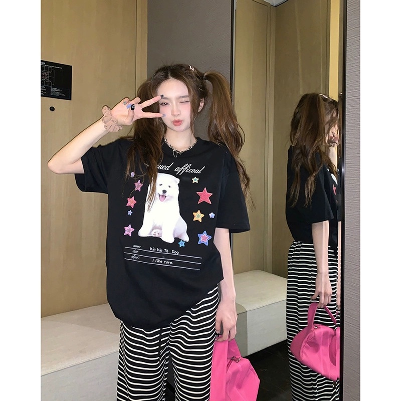 Áo Thun Ngắn Tay Dáng Rộng In Hình Mèo Dễ Thương Phong Cách Hàn Quốc Thời Trang Mùa Hè