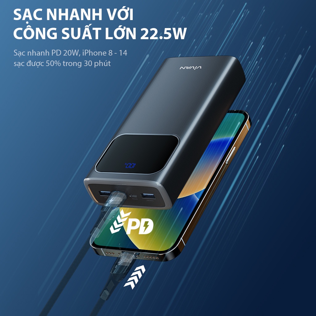 Pin dự phòng sạc nhanh VIVAN VPB-C30 Xanh 30000mAh Hiển thị đèn LED PD+QC3.0 22.5W- bảo hành 12 tháng