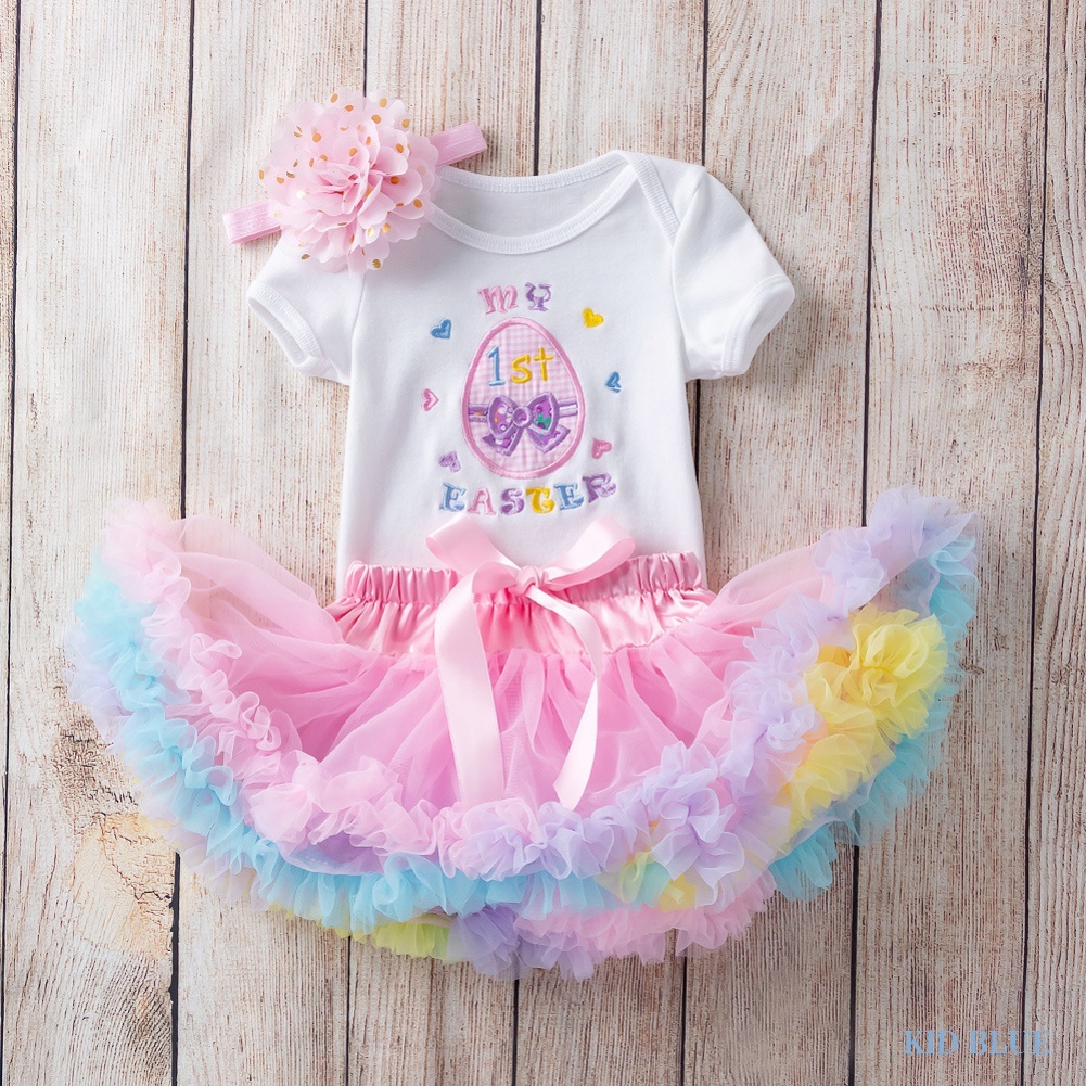 Bộ Áo Liền Quần Kèm Băng Đô Thêu Họa Tiết Trứng Phục Sinh Thời Trang Cho Bé Gái