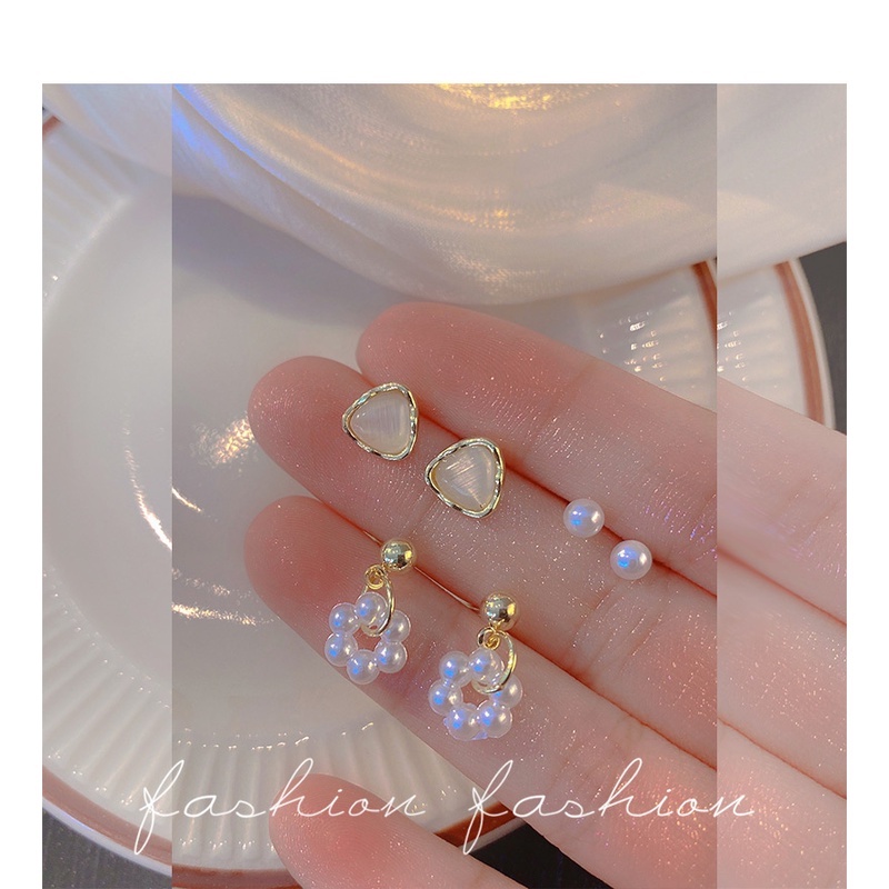 Bộ Sáu Bông Tai Ngọc Trai Opal Không Cần Xỏ Khuyên Mini Hình Học Cho Nữ