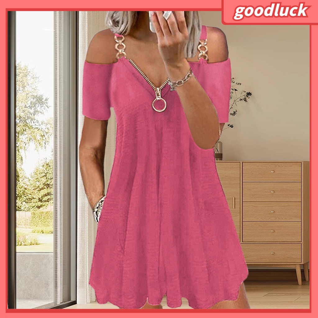 [GUC] Đầm Xòe Mini Chữ A Xếp Ly Dây Đeo Vai Cổ Chữ V Tay Ngắn Có Khóa Kéo Bằng Kim Loại Kích Thước Lớn Cho Nữ