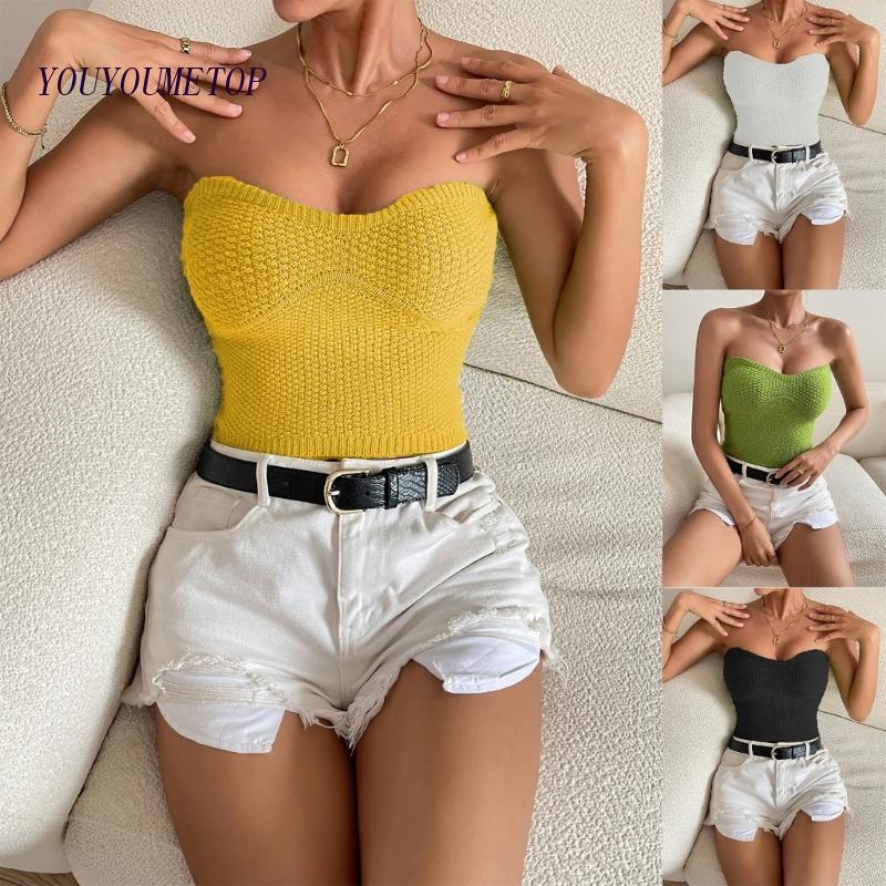 Áo Croptop Dệt Kim Trễ Vai Màu Sắc Đơn Giản Cho Nữ