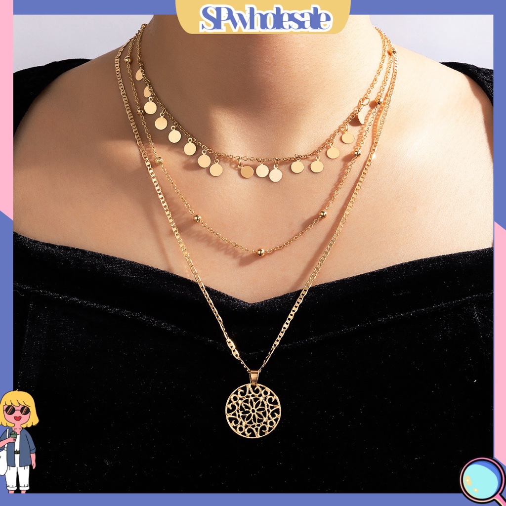 &lt;SPwholesale&gt; Vòng Cổ Choker Hợp Kim 3 Lớp Mặt Tròn Rỗng Phụ Kiện Trang Sức Thời Trang Dành Cho Nữ