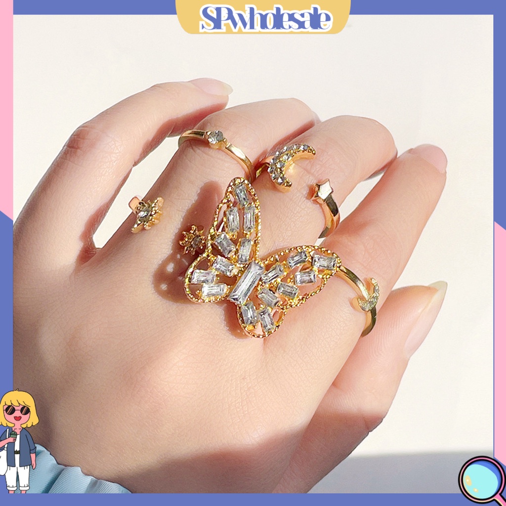 <SPwholesale> Set 5 Nhẫn Đeo Khớp Ngón Tay Họa Tiết Bướm / Mặt Trăng / Ngôi Sao Đính Đá Thời Trang