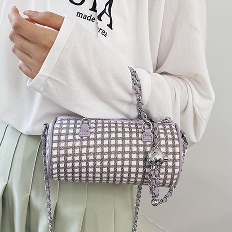 Túi Xách Đeo Vai Vải Bạt Hình Trụ Khóa Kéo Kẻ Sọc Caro Ngọt Ngào Cho Nữ