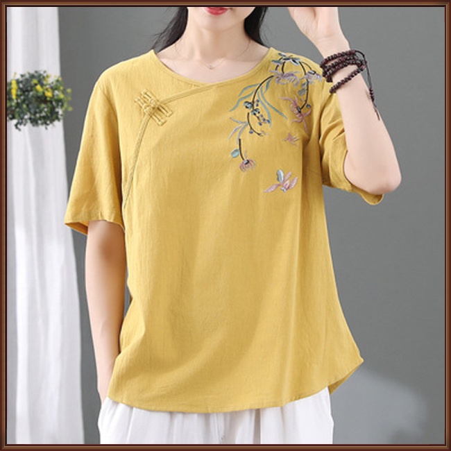 Áo Thun Tay Ngắn Cổ Tròn Thêu Họa Tiết Phong Cách Cổ Điển Thời Trang Cho Nữ