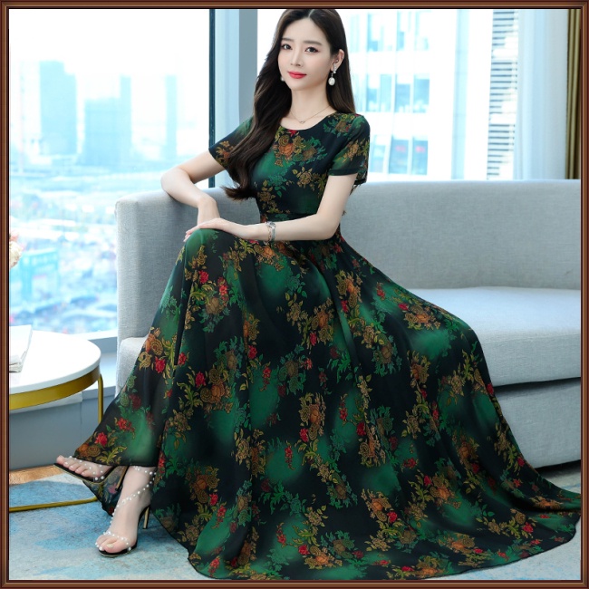 Đầm Midi Tay Ngắn Cổ Tròn Dáng Chữ A in Họa Tiết Hoa Thời Trang Xinh Xắn Cho Nữ