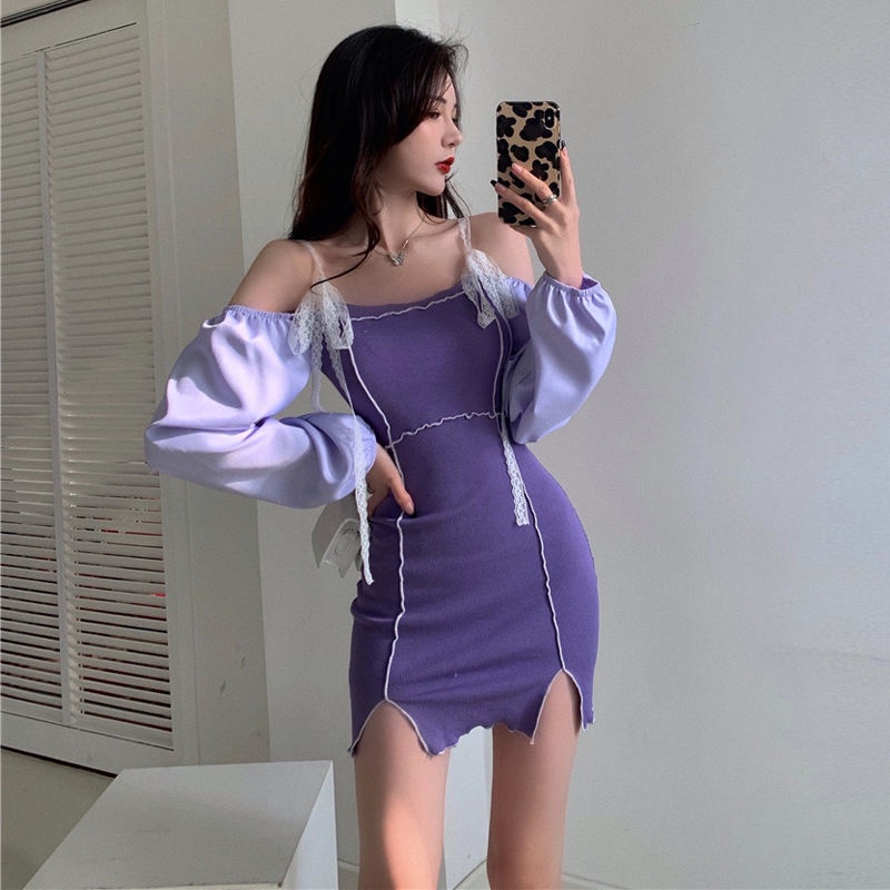 Đầm Ngắn Hở Vai Phối Ren Màu Tím Phong Cách Pháp Thời Trang Mùa Xuân Mới Dành Cho Bạn Nữ