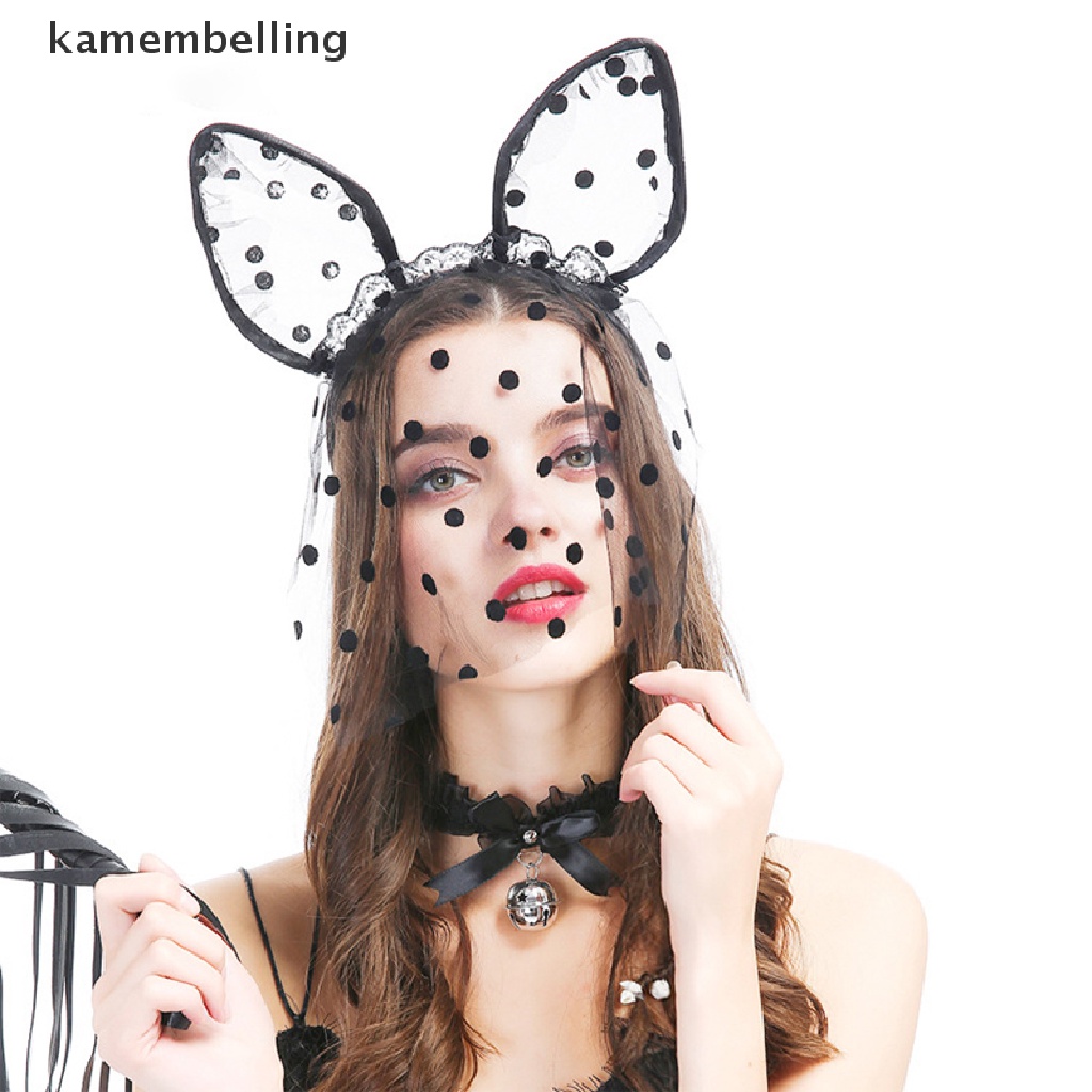 Kamembelling Băng Đô Tai Mèo Bằng Lưới Phối Ren Chấm Bi Đen Gợi Cảm Hóa Trang Tiệc Halloween Cho Nữ