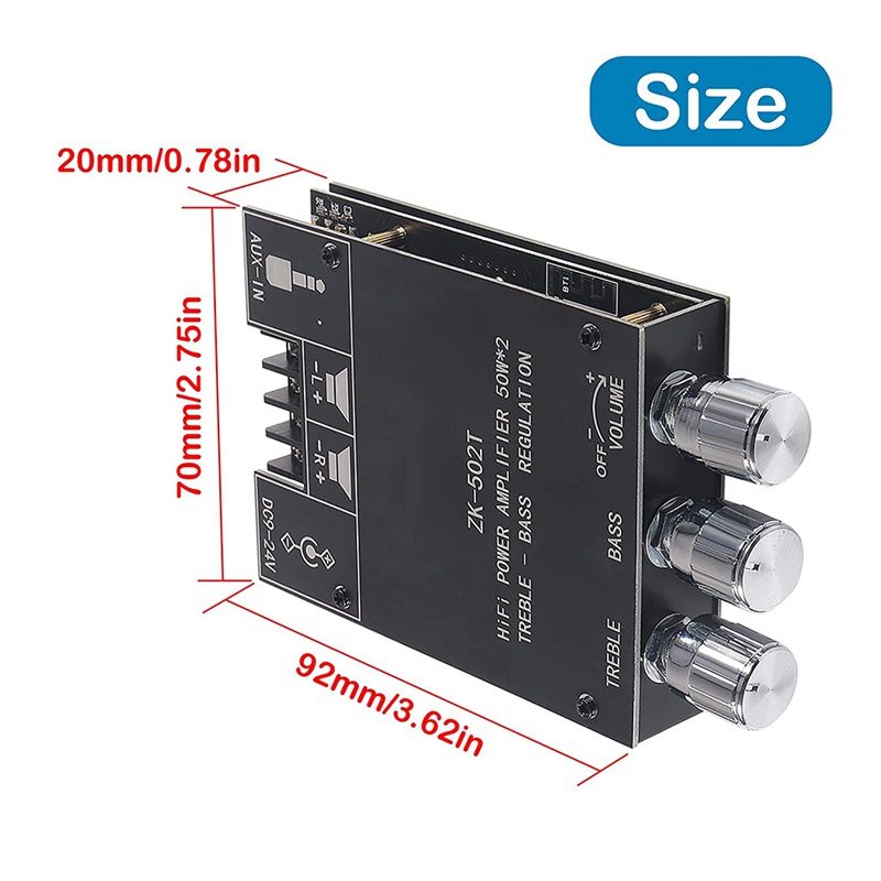 Bảng Mạch Khuếch Đại Âm Thanh ZK-502T Bluetooth 5.0 50W + 50W 2.0 AUX BT DC12-24V