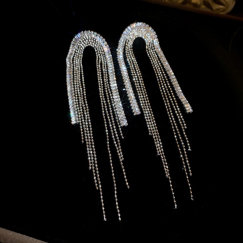 Bông Tai Mạ Bạc 925 Dáng Dài Đính Đá Zircon Phong Cách Âu Mỹ Thời Trang Cho Nữ