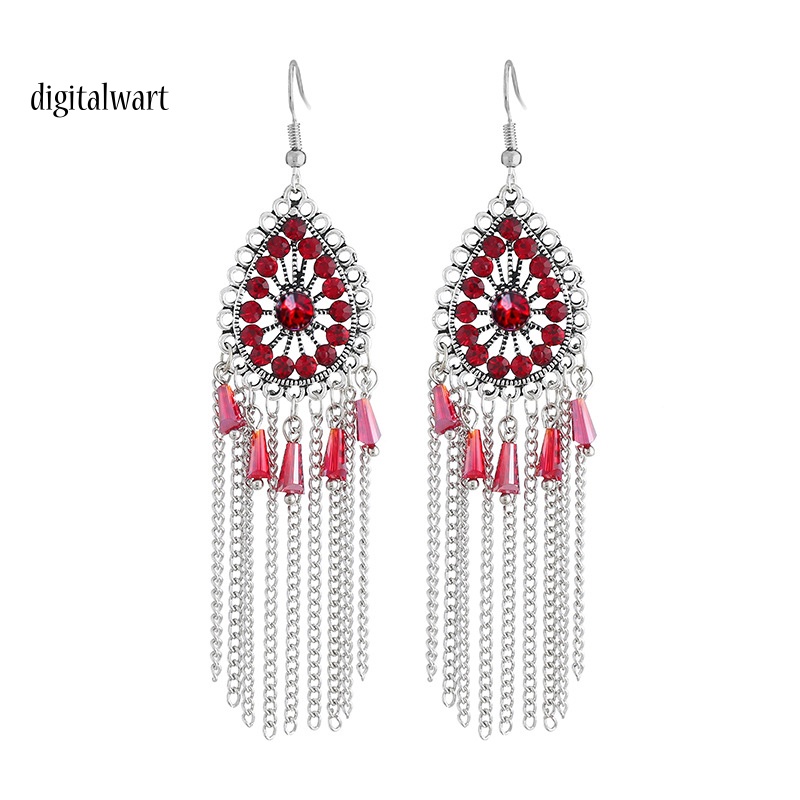 Kỹ Thuật Số| 1 Đôi Bông Tai Hình Giọt Nước Đính Đá Phối Tua Rua Phong Cách Vintage Dành Cho Nữ