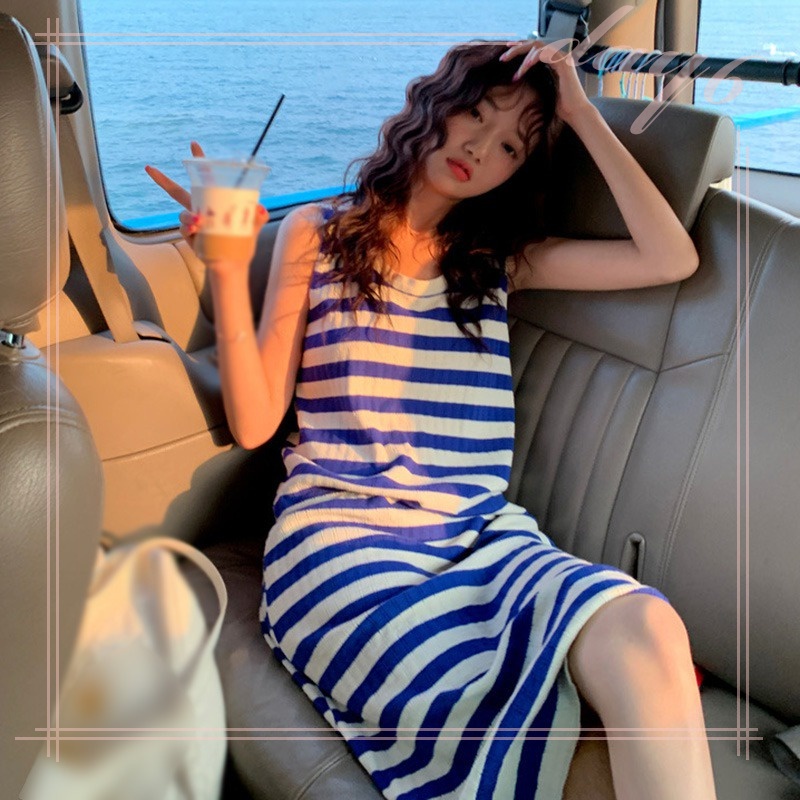 Đầm Dệt Kim Sát Nách Dáng Dài Cổ Tròn Họa Tiết Kẻ Sọc Thời Trang Mùa Hè Xinh Xắn Cho Nữ