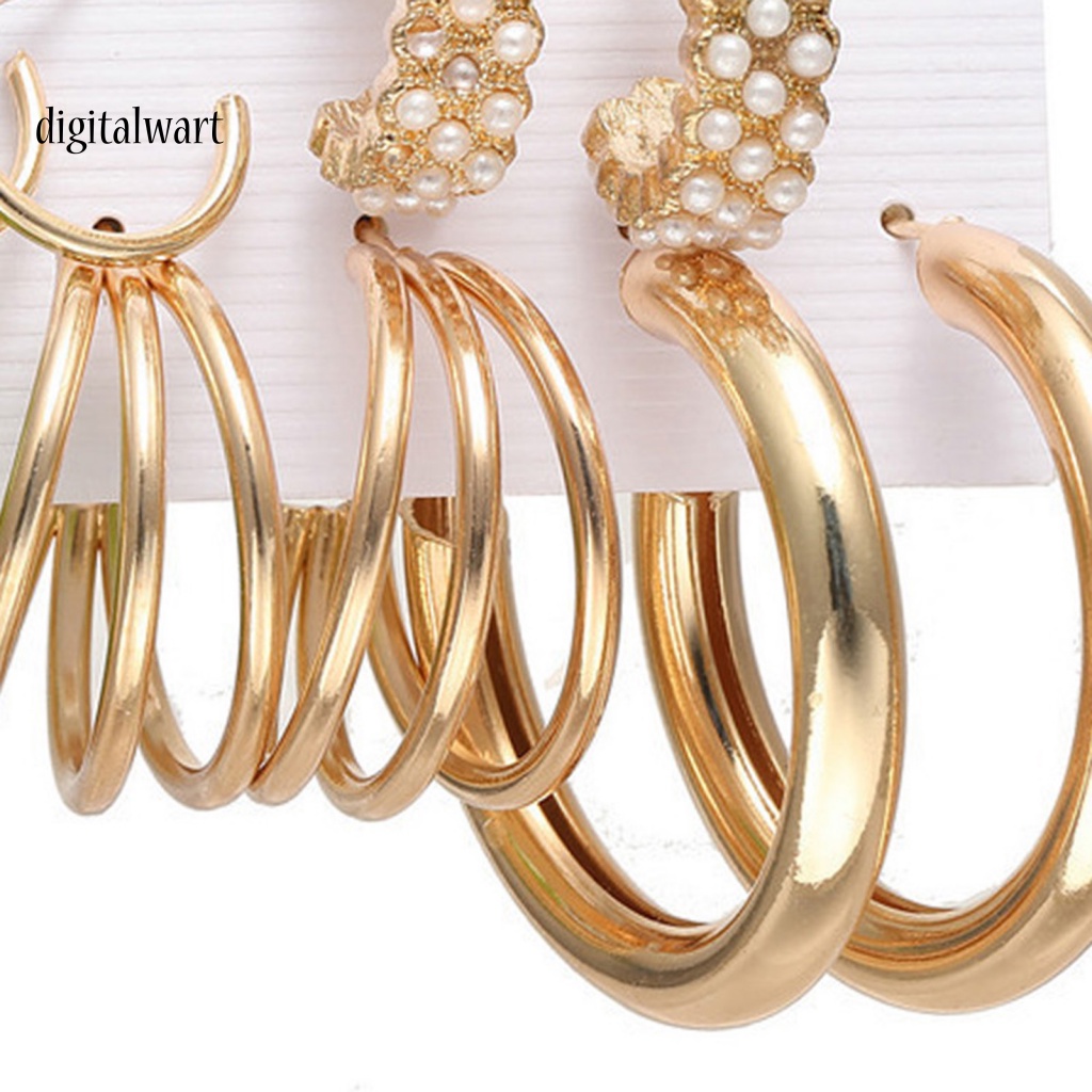 Kỹ Thuật Số| Set 5 Đôi Khuyên Tai Tròn Đính Ngọc Trai Nhân Tạo Phong Cách Bohemian Thời Trang