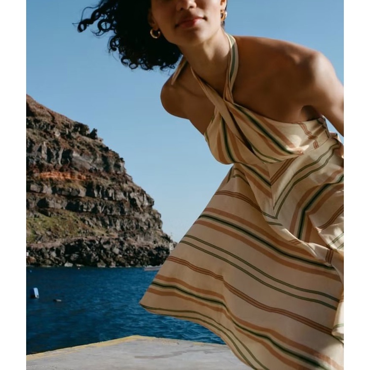 Zara Đầm Ngắn Vải Lanh Kẻ Sọc Hở Lưng Quyến Rũ Thời Trang Mùa Hè Cho Nữ 6929303