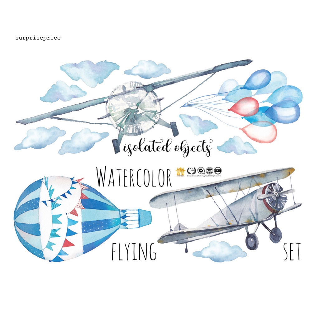 Miếng Dán Tường Trang Trí Hình Máy Bay Màu Nước Vẽ Tay Tháo Được