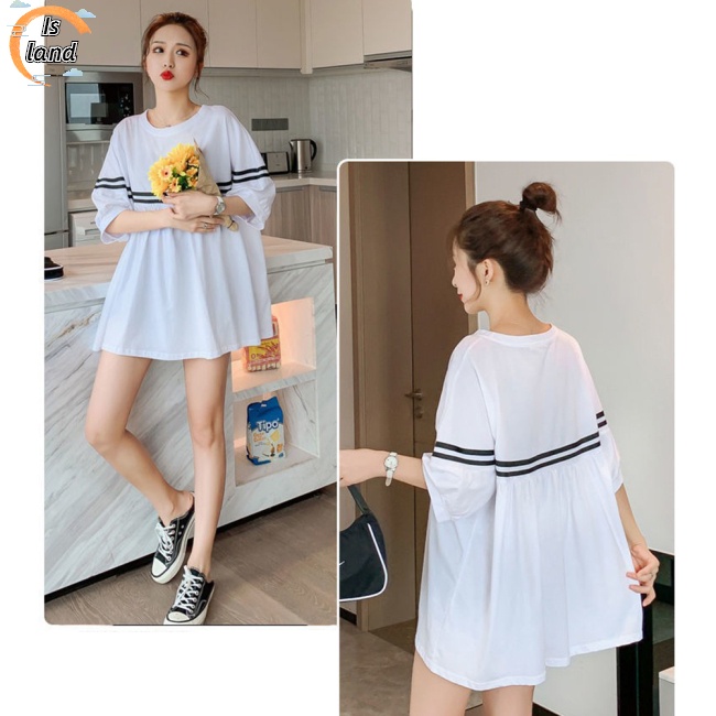 [IS] Đầm Thun Dáng Rộng Tay Ngắn Họa Tiết Kẻ Sọc Màu Sắc Tương Phản Dành Cho Phụ Nữ Mang Thai