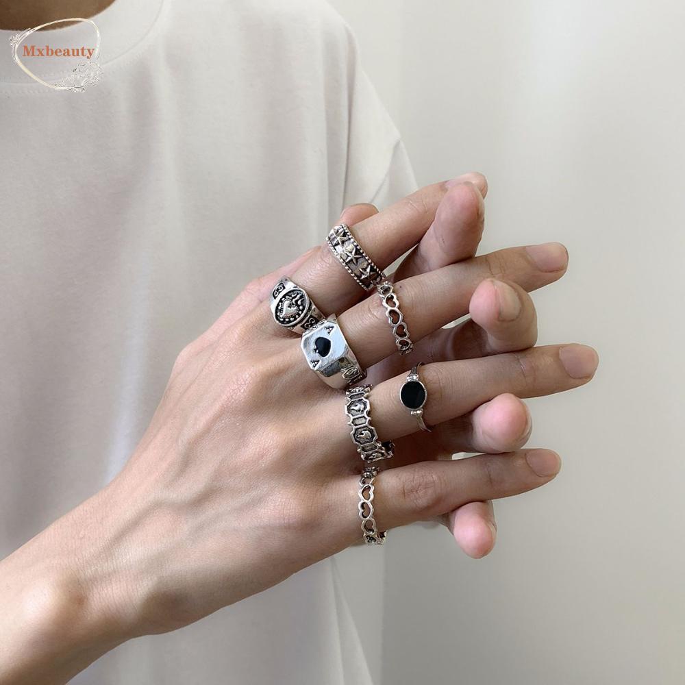 Bộ 7 nhẫn bằng hợp kim hình trái tim nhiều màu sắc phong cách Hàn Quốc sành điệu cho nam