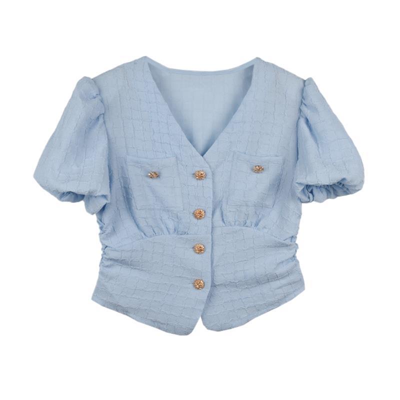 Áo Sơ Mi Tay Ngắn Phồng Cổ Chữ v Phong Cách Pháp Thời Trang Mùa Hè 2023 Mới