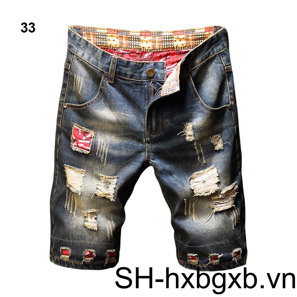 Quần Short Denim Dáng Rộng Co Giãn Tốt Phối Rách Kiểu Retro Thời Trang Mùa Hè Cho Nam