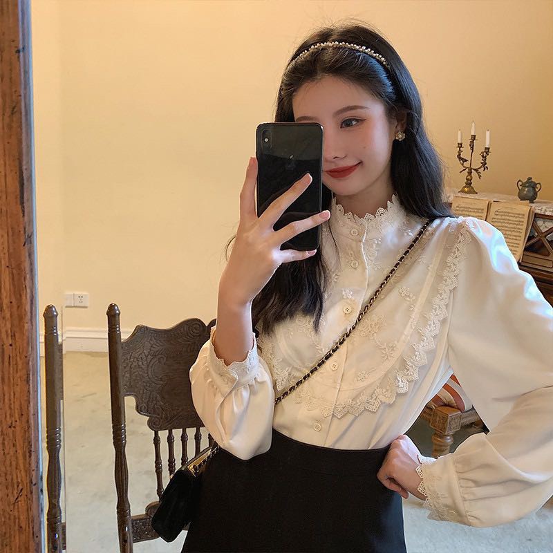 Áo Sơ Mi Ren Cổ Đứng Tay Phồng Thời Trang Thu Đông Dành Cho Nữ