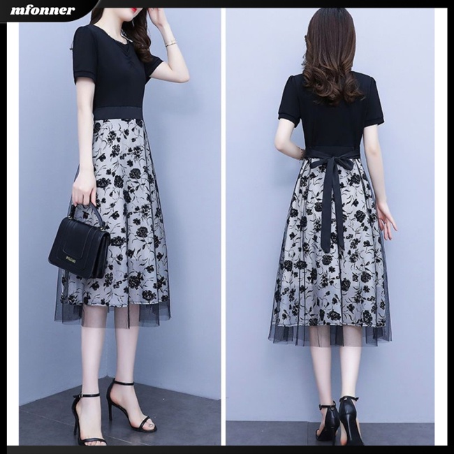 Đầm Midi Tay Ngắn Cổ Tròn Cột Dây Thanh Lịch Thời Trang Mùa Hè Cho Nữ