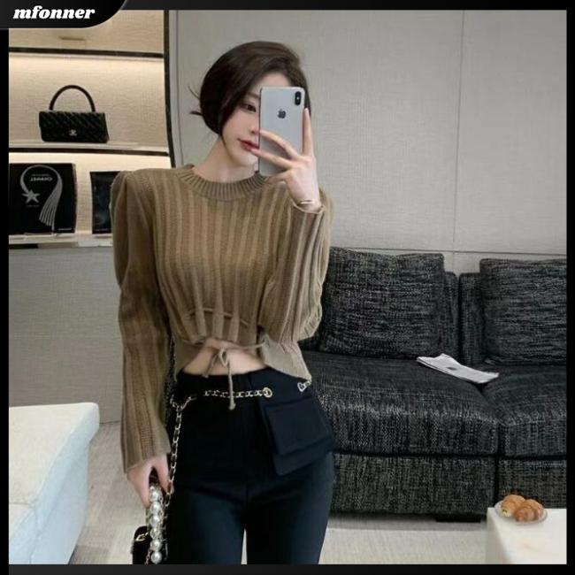 Áo Sweater Dệt Kim Tay Dài Cổ Tròn Màu Trơn Phối Dây Rút Thời Trang Cho Nữ