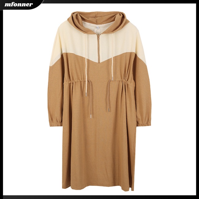 Đầm Thể Thao Tay Dài Có Mũ Trùm Phối Dây Rút Màu Sắc Tương Phản Cá Tính Cho Nữ