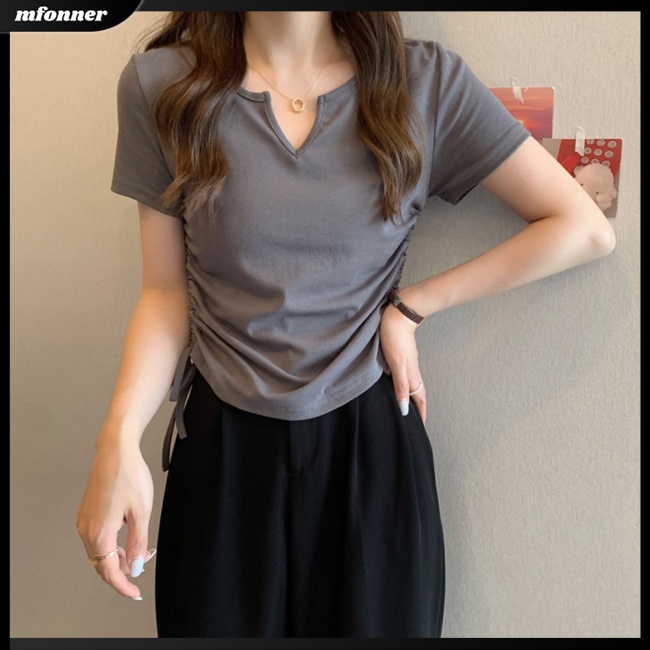 Áo Thun Tay Ngắn Cổ Chữ V Màu Sắc Thời Trang Gợi Cảm Cho Nữ