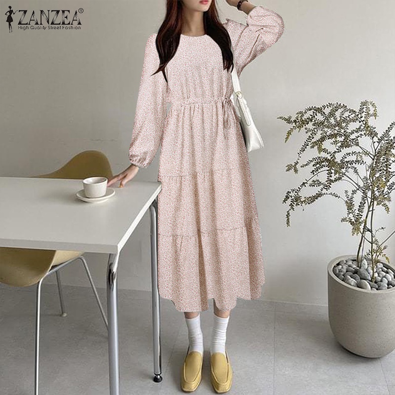 Zanzea Đầm Midi Chữ A Tay Dài In Họa Tiết Hoa Thanh Lịch Thời Trang Cho Nữ