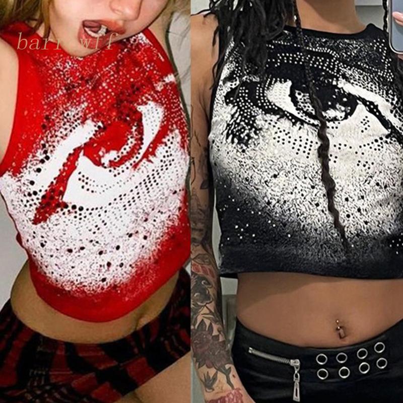 Áo Croptop Không Tay Cổ Tròn In Họa Tiết Đôi Mắt To Màu Gradient Phong Cách Harajuku Gothic Punk Cho Nữ