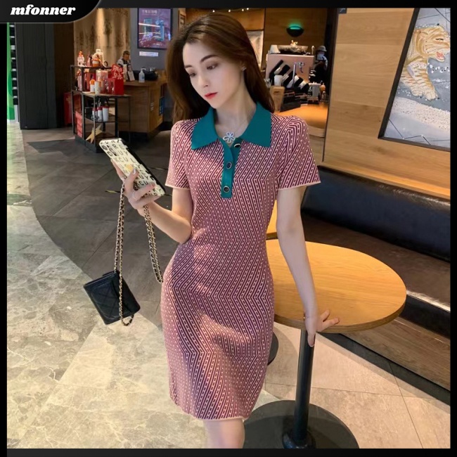 Đầm Dệt Kim Tay Ngắn Dáng Chữ A Màu Sắc Tương Phản Phong Cách Cổ Điển Thời Trang Cho Nữ