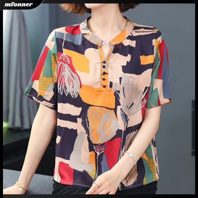 Áo Sơ Mi Tay Ngắn Cổ Đứng Dáng Rộng In Họa Tiết Kiểu Retro Thời Trang Mùa Hè Cho Bạn Gái