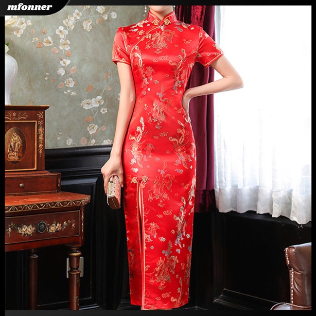 Đầm Sườn Xám Tay Ngắn Cổ Đứng Xẻ Tà Họa Tiết Trung Hoa Cổ Điển Cho Nữ