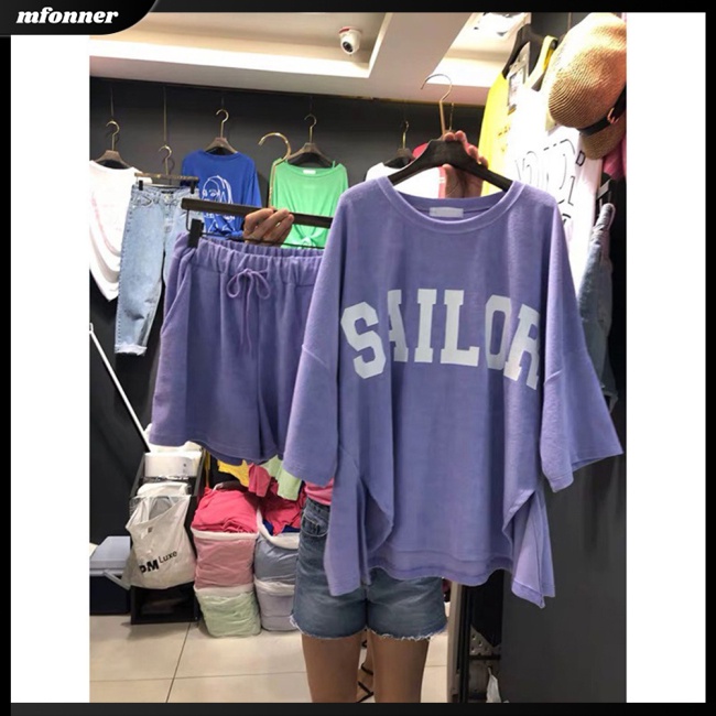 Set 2 Món Áo Thun Tay Ngắn In Chữ + Quần Short Ống Rộng Thời Trang Cho Nữ