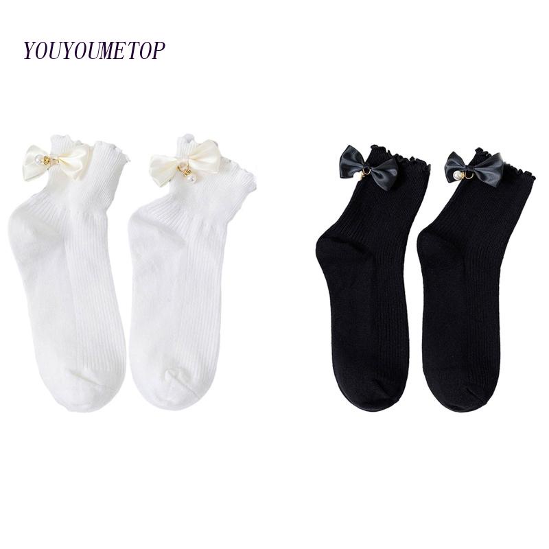 Youyo Vớ Cotton Có Gân Đính Nơ Ngọc Trai Phong Cách Nhật Bản Ngọt Ngào Cho Nữ Hosi
