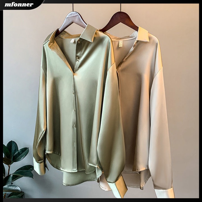 Áo Sơ Mi Satin Dài Tay Dáng Rộng Màu Sắc Đơn Giản Thanh Lịch Cho Nữ