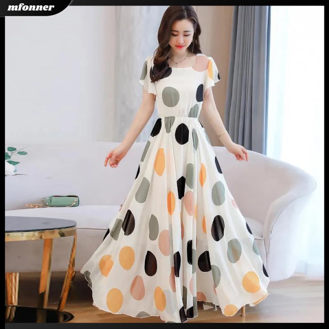 Đầm Dài Dáng Chữ A Tay Loe Cổ Tròn Họa Tiết Chấm Bi Thiết Kế Chiết Eo Nữ Tính