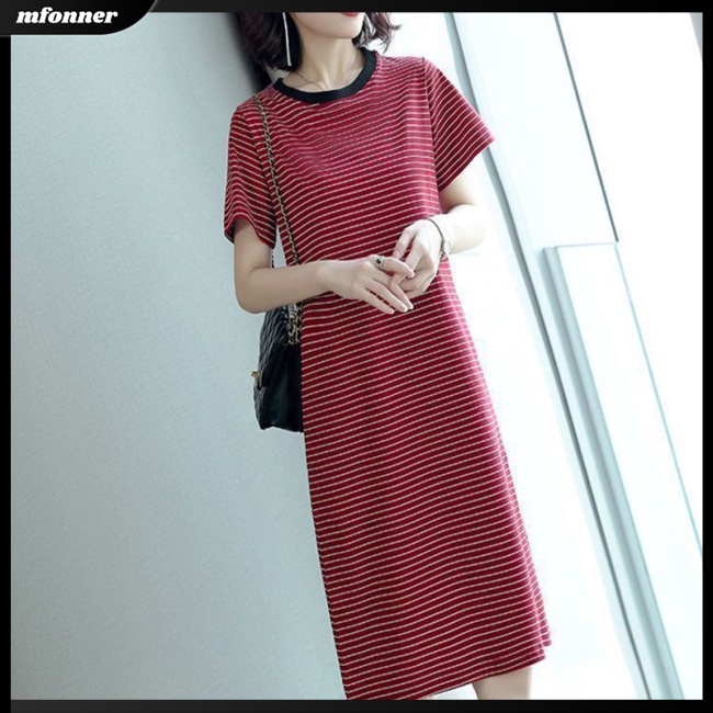 Đầm Thun Dáng Dài Qua Gối Tay Ngắn Cổ Tròn Họa Tiết Kẻ Sọc Thời Trang Cho Nữ