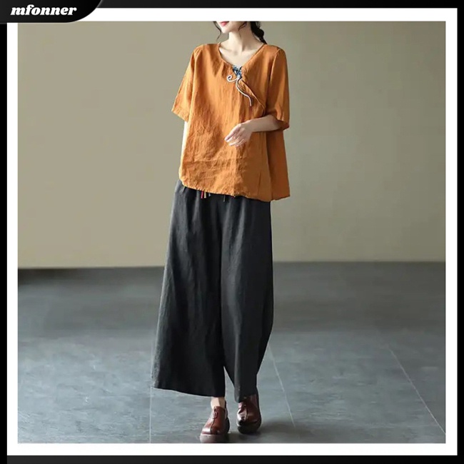 Áo Sơ Mi Vải Lanh Cotton Dáng Rộng Thêu Họa Tiết Kiểu Retro Trung Hoa Cho Nữ