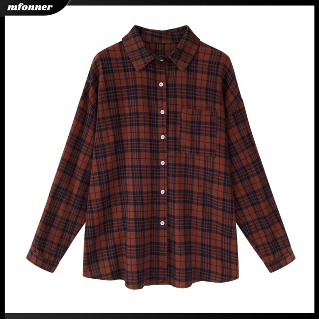 Áo Sơ Mi Nữ Tay Dài Dáng Rộng Họa Tiết Caro Kiểu Retro