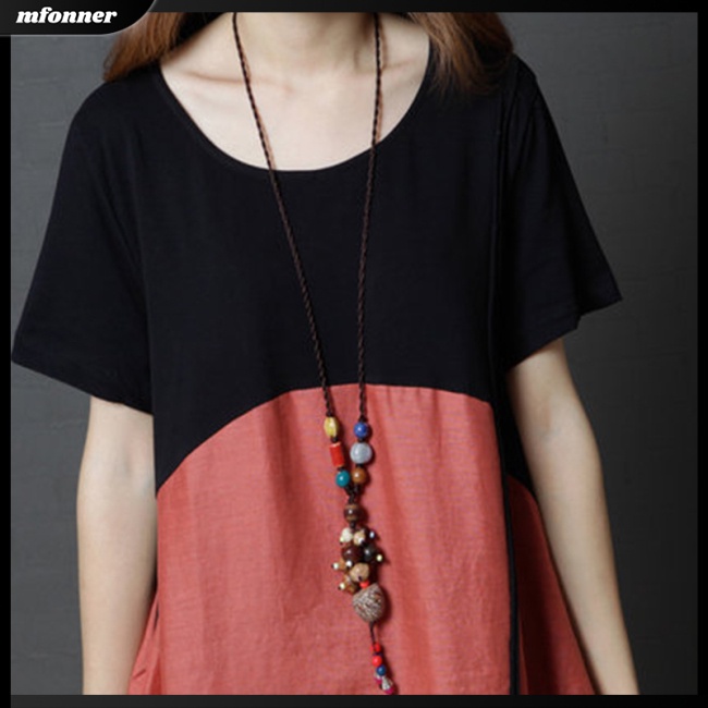 Đầm Cổ Tròn Size Lớn Phối Màu Thời Trang Mùa Hè Cho Nữ