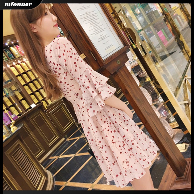 Đầm Hoa Cổ Chữ V Phối Bèo Lá Sen Xinh Xắn Thời Trang Mùa Hè Cho Nữ