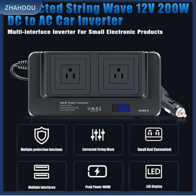 ☃Nhà Cửa☃ Bộ Chuyển Đổi Nguồn Điện 200w 12v Sang 110v Màn Hình Led Kỹ Thuật Số Phích Cắm US Cho Xe Hơi